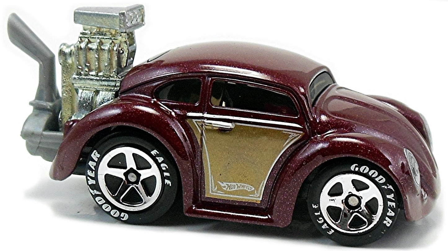 Hot Wheels 2010 - Collector # 004/240 - New Models 04/44 - Volkswagen Beetle (Tooned) - Dark Red - Good Year Lettered Tires - Walmart Exclusive - USA Card