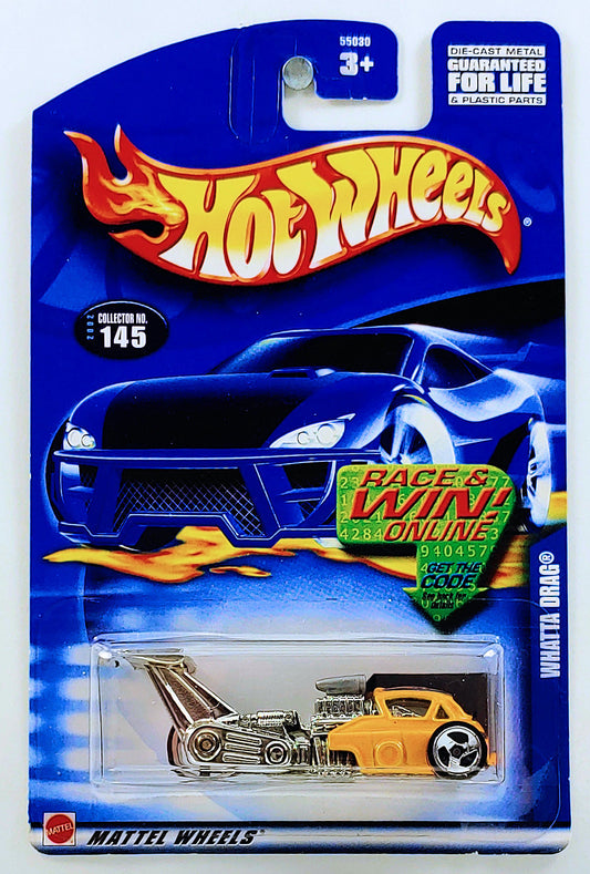 Hot Wheels 2002 - Collector # 145/240 - Whatta Drag - Yellow - 3 Spoke - USA 'Race & Win' Card