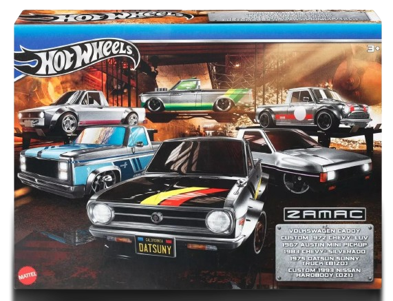 Hot Wheels 2024 - Theme Multipack / ZAMAC - 1967 Austin Mini Pickup / Custom 1972 Chevy LUV / 1983 Chevy Silverado / 1975 Datsun Sunny Truck (B120) / Volkswagen Caddy / Custom 1993 Nissan Hardbody (D21) - All ZAMACs - All Basic Wheels - Box Set 6 Vehicles