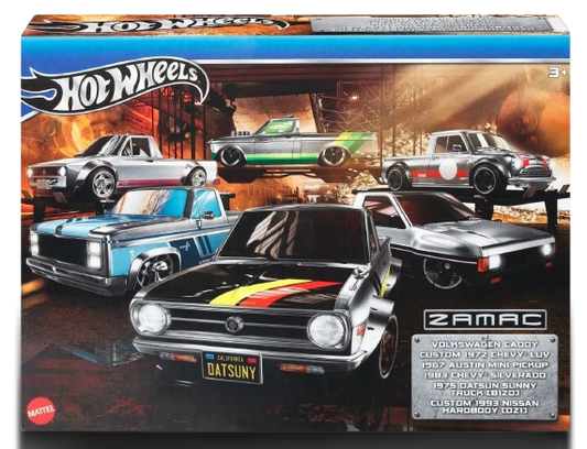 Hot Wheels 2024 - Theme Multipack / ZAMAC - 1967 Austin Mini Pickup / Custom 1972 Chevy LUV / 1983 Chevy Silverado / 1975 Datsun Sunny Truck (B120) / Volkswagen Caddy / Custom 1993 Nissan Hardbody (D21) - All ZAMACs - All Basic Wheels - Box Set 6 Vehicles