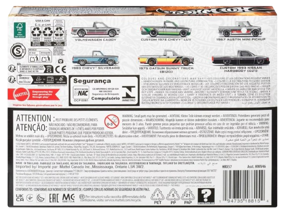 Hot Wheels 2024 - Theme Multipack / ZAMAC - 1967 Austin Mini Pickup / Custom 1972 Chevy LUV / 1983 Chevy Silverado / 1975 Datsun Sunny Truck (B120) / Volkswagen Caddy / Custom 1993 Nissan Hardbody (D21) - All ZAMACs - All Basic Wheels - Box Set 6 Vehicles