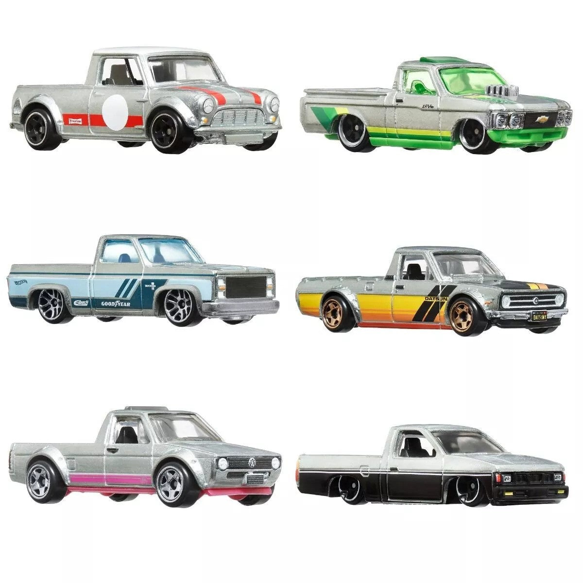 Hot Wheels 2024 - Theme Multipack / ZAMAC - 1967 Austin Mini Pickup / Custom 1972 Chevy LUV / 1983 Chevy Silverado / 1975 Datsun Sunny Truck (B120) / Volkswagen Caddy / Custom 1993 Nissan Hardbody (D21) - All ZAMACs - All Basic Wheels - Box Set 6 Vehicles