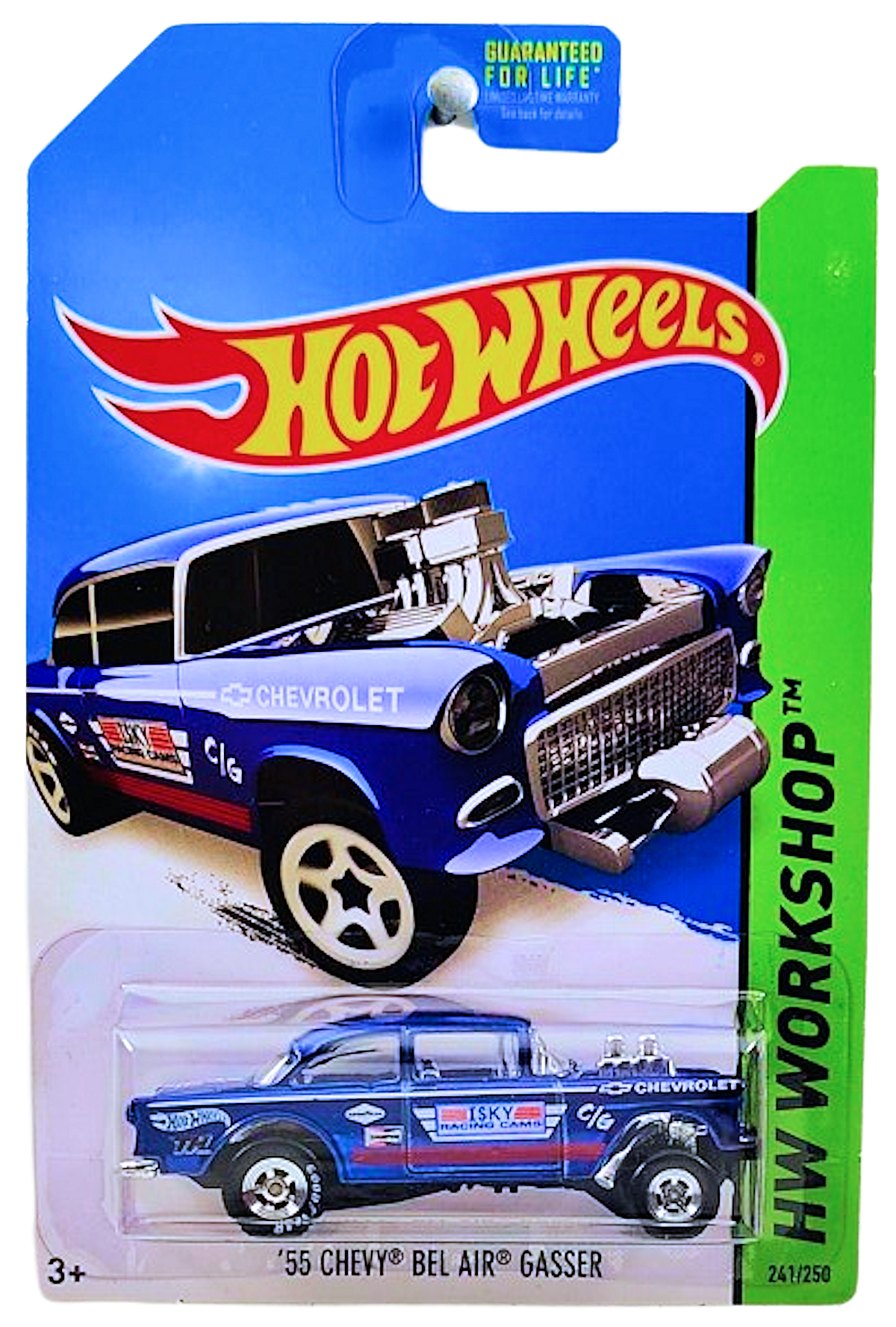 Hot Wheels 2014 - Collector # 241/250 - HW Workshop / HW Performance / Super Treasure Hunts - '55 Chevy Bel Air Gasser - Spectraflame Dark Blue / ISKY Cams with various other Racing Decals / TH Logo on Rear Fender- Real Riders - USA Card