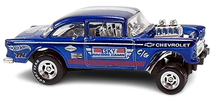 Hot Wheels 2014 - Collector # 241/250 - HW Workshop / HW Performance / Super Treasure Hunts - '55 Chevy Bel Air Gasser - Spectraflame Dark Blue / ISKY Cams with various other Racing Decals / TH Logo on Rear Fender- Real Riders - USA Card