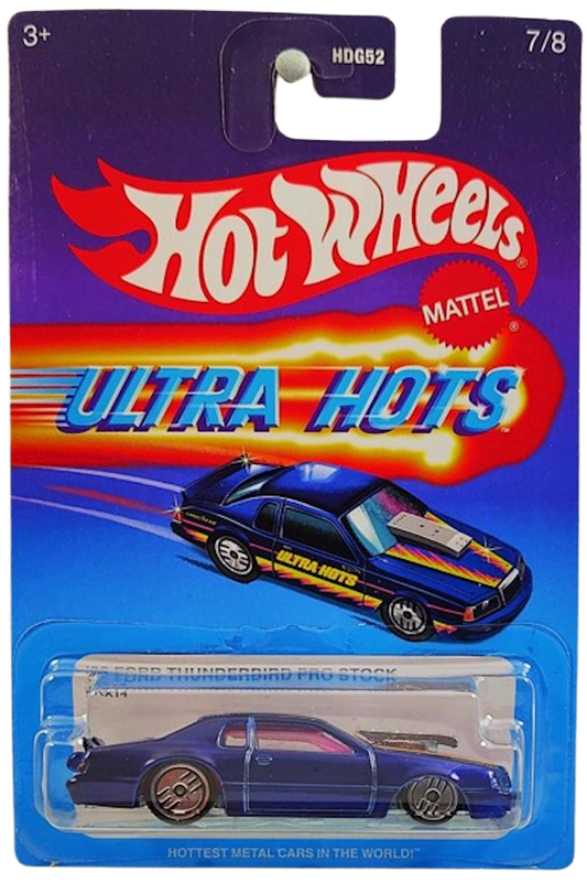 Hot Wheels 2024 - Theme Series / Mix 2 / Ultra Hots 7/8 - '86 Ford Thunderbird Pro Stock - Spectraflame Blue - UH Wheels - Target Exclusive - Retro Ultra Hots Blister Card - ERROR! No Side Tampos!