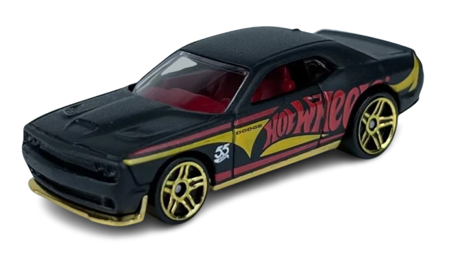 Hot Wheels 2023 - Black and Gold / 55th Anniversary 6/6 - '15 Dodge Challenger SRT - Matte Black - Gold PR5 Wheels