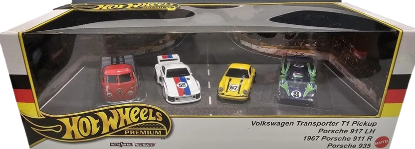 Hot Wheels 2024 - Premium / 4-Car Collector Set / German Racers - Volkswagen Transporter T1 Pickup (Red), Porsche 935 (White), 1967 Porsche 911 R & Porsche 917 LH (Dark Blue) - Metal/Metal & Real Riders - Display Box