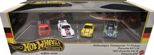 Hot Wheels 2024 - Premium / 4-Car Collector Set / German Racers - Volkswagen Transporter T1 Pickup (Red), Porsche 935 (White), 1967 Porsche 911 R & Porsche 917 LH (Dark Blue) - Metal/Metal & Real Riders - Display Box