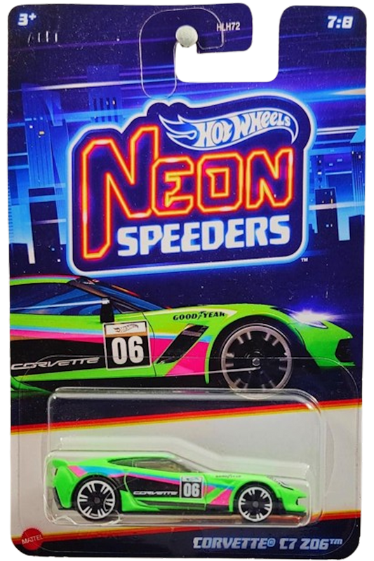 Hot Wheels 2024 - Mix 2 / Neon Speeders 7/8 - Corvette C7 Z06 - Matte Neon Green / #06 / Black, Blue & Pink Stripes - White NS6 Wheels - Walmart Exclusive