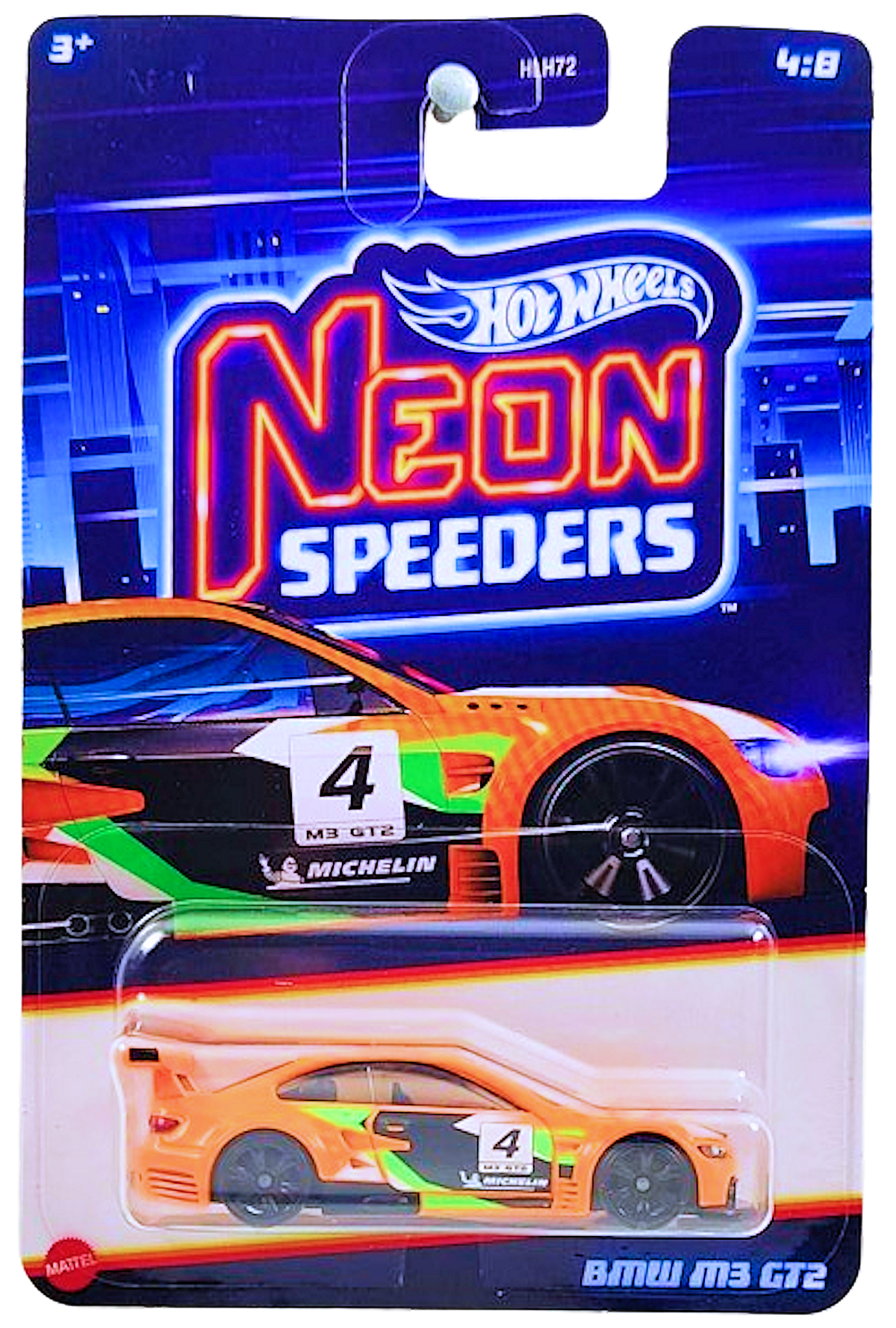 Hot Wheels 2024 - Neon Speeders 04/08 - BMW M3 GT2 - Neon Orange / #4 / Green & Black Stripes - Black NS6 Wheels - Walmart Exclusive