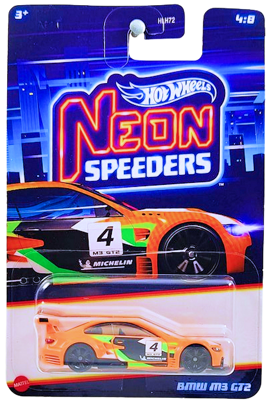 Hot Wheels 2024 - Neon Speeders 04/08 - BMW M3 GT2 - Neon Orange / #4 / Green & Black Stripes - Black NS6 Wheels - Walmart Exclusive