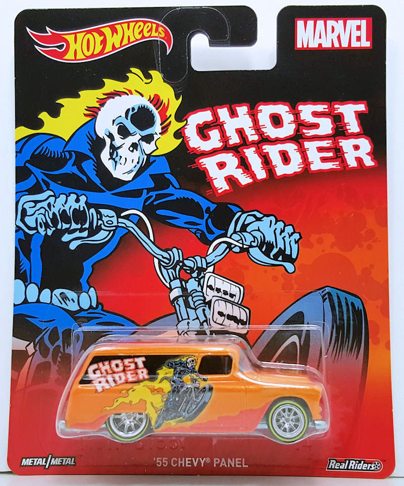 Hot Wheels 2016 - Pop Culture / Marvel - '55 Chevy Panel - Orange with Ghost Rider Graphics - Metal/Metal & Real Riders - NO Bike & Rear Door Does Not Open