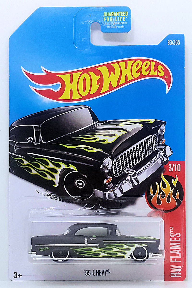 Hot Wheels 2017 - Collector # 083/365 - HW Flames 3/10 - '55 Chevy - Black - USA Card