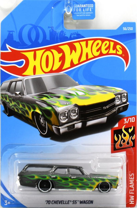 Hot Wheels 2019 - Collector # 056/250 - HW Flames 3/10 - '70 Chevelle SS Wagon - Gray - USA Card