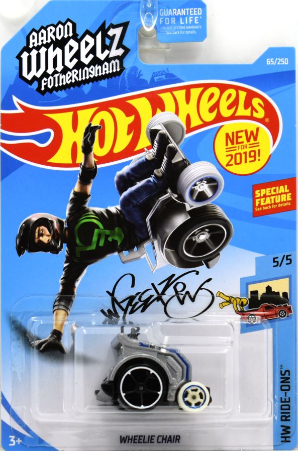 Hot Wheels 2019 - Collector # 065/250 - HW Ride-Ons 5/5 - Wheelie Chair - Silver - USA Card with 'Arron WHEELZ Fotheringham'