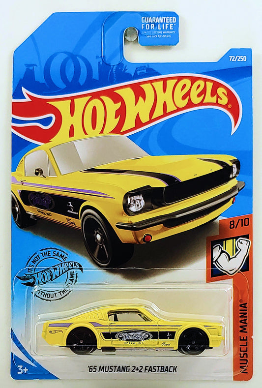 Hot Wheels 2019 - Collector # 072/250 - Muscle Mania 8/10 - '65 Mustang 2+2 Fastback - Yellow - USA Card