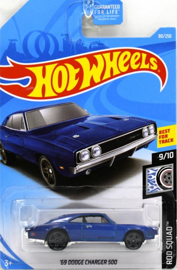 Hot Wheels 2019 - Collector # 080/250 - Rod Squad 9/10 - '69 Dodge Charger 500 - Dark Blue - Gray PR5 Wheels - USA Card