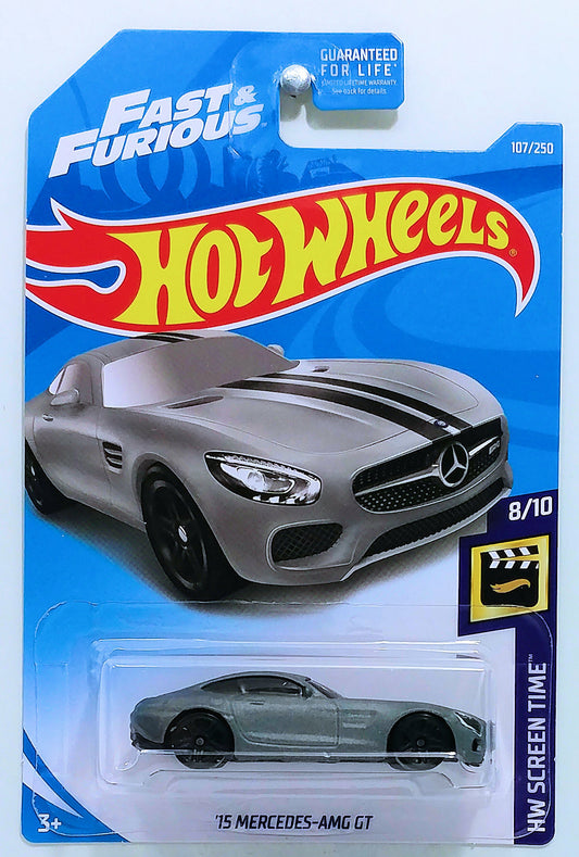 Hot Wheels 2019 - Collector # 107/250 - HW Screen Time 8/10 - '15 Mercedes-AMG GT - Satin Gray - USA Card with Fast & Furious