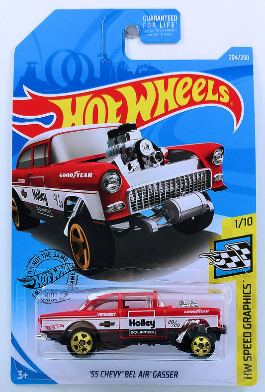 Hot Wheels 2019 - Collector # 204/250 - HW Speed Graphics 1/10 - '55 Chevy Bel Air Gasser - Red & White / Holley Equipped - USA