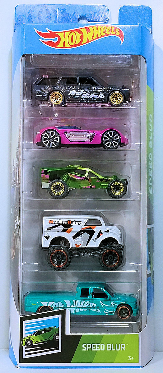 Hot Wheels 2019 - Gift Pack - Speed Blur - '71 Datsun 510 Wagon, Dodge XP-07, Team Hot Wheels Corkscrew, Monster Dairy Delivery & Custom C3500 - MPN FYL13