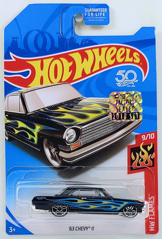 Hot Wheels 2018 - Toys R Us / Kroger Exclusive - HW Flames 9/10 - '63 Chevy II - Black - USA '50th' Card with Factory Sticker