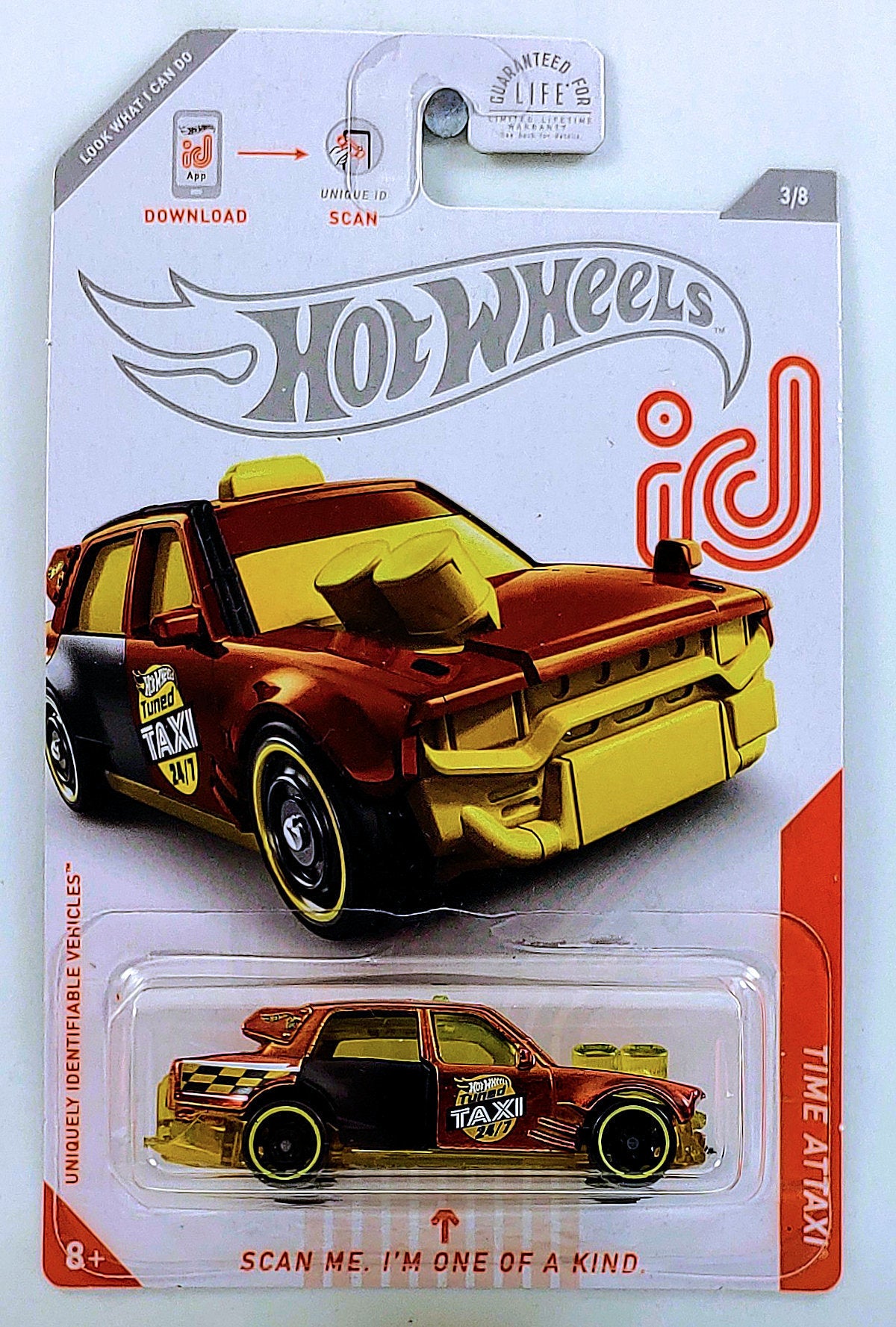 Hot Wheels 2020 - id Chase 3/8 - Time Attaxi - Spectraflame Dark Orange - Black Steelie Wheels - USA id Card