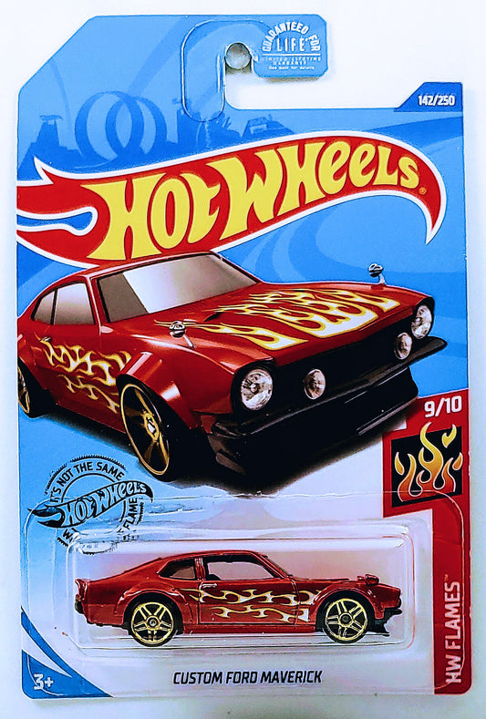 Hot Wheels 2020 - Collector # 142/250 - HW Flames 9/10 - Custom Ford Maverick - Metallic Red Orange - USA