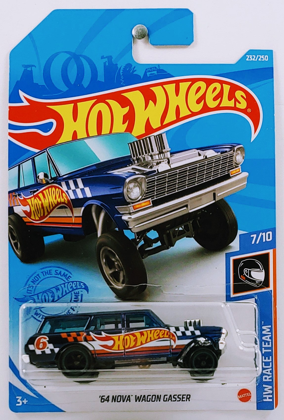 Hot Wheels 2021 - Collector # 232/250 - HW Race Team 7/10 - SUPER Treasure Hunts - '64 Nova Wagon Gasser - Candy Blue - Dark Gray Real Riders - International Card