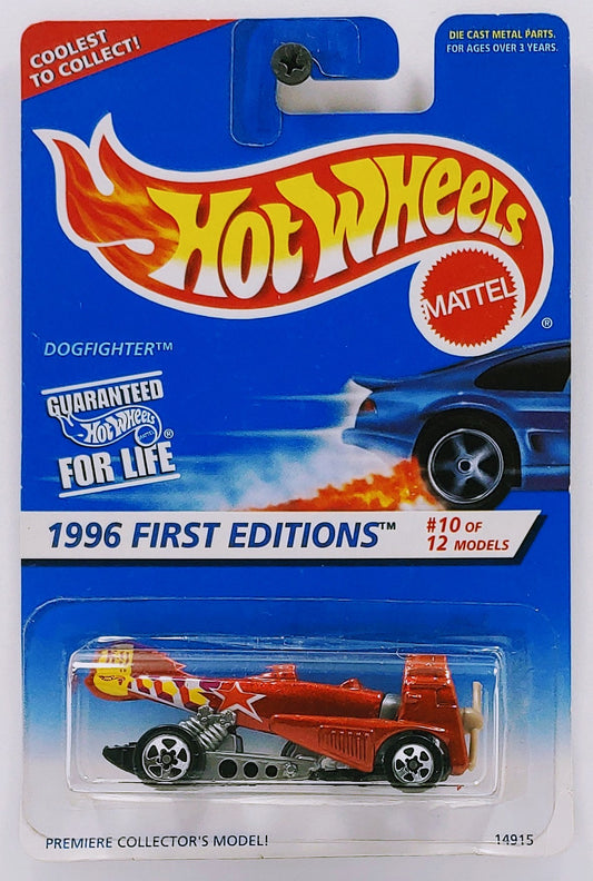 Hot Wheels 1996 - Collector # 375 - First Editions 10/12 - Dogfighter - Metalflake Red - 5 Spokes - Gray Interior, Engine & Suspension - USA "Coolest to Collect!" Blue & White Card