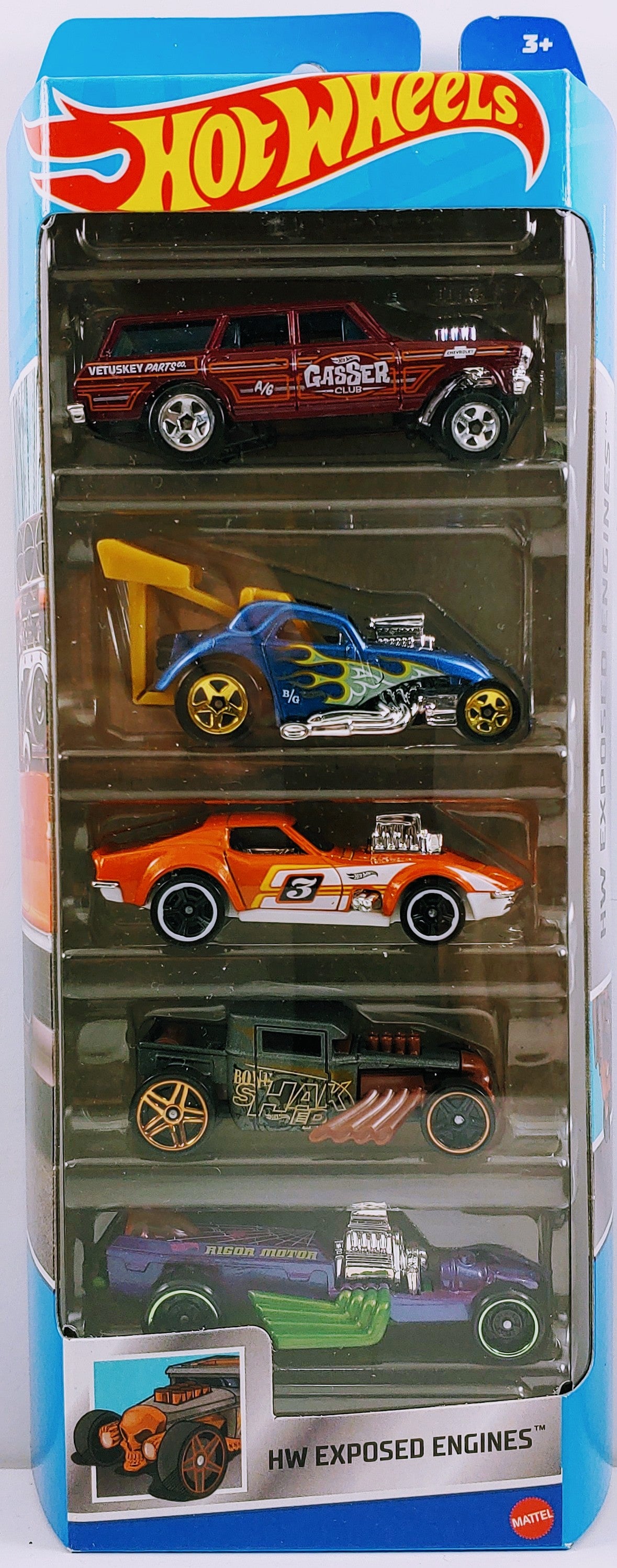 Hot Wheels 2022 - Gift Pack / 5 Pack - HW Exposed Engines - '64 Nova Wagon Gasser, Fiat 500C, '68 Corvette 'Gas Monkey Garage', Bone Shaker & Rigor Motor