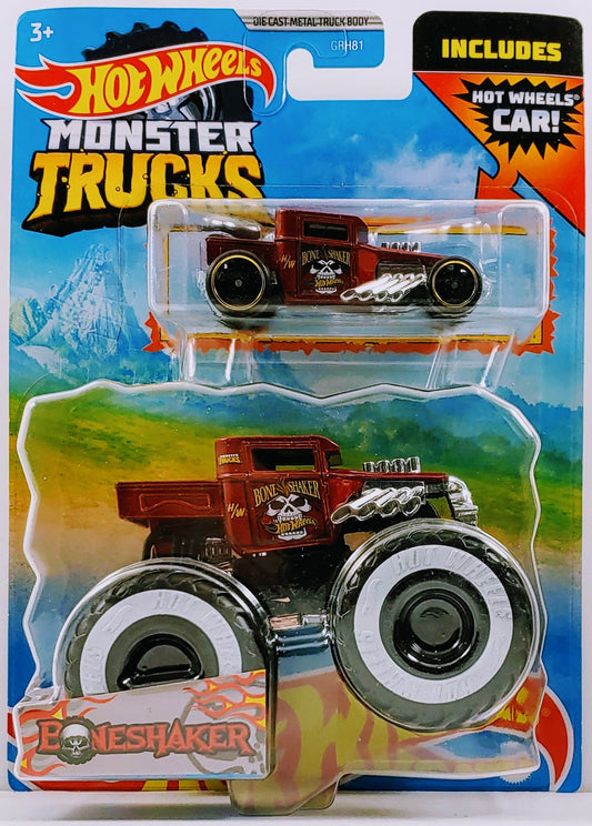 Hot Wheels 2022 - Monster Trucks 2 Pack - Bone Shaker Monster - Dark Red - White Walls - Black Roof - Bone Shaker Basic - Dark Red - Steelie Wheels