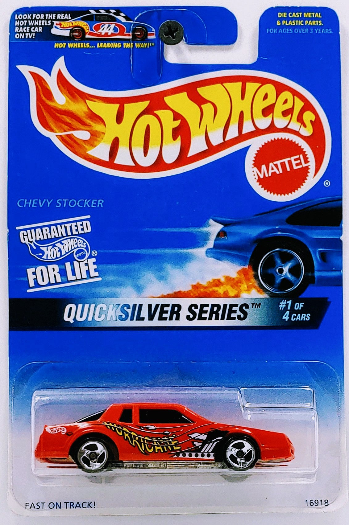 Hot Wheels 1997 - Collector # 545 - Quicksilver Series 1/4 - Chevy Stocker - Red / Hurricane - 3 Spokes - Unpainted Base