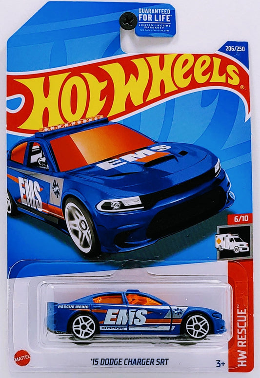 Hot Wheels 2022 - Collector # 206/250 - HW Rescue 6/10 - '15 Dodge Charger SRT - Matte Blue / EMS - USA