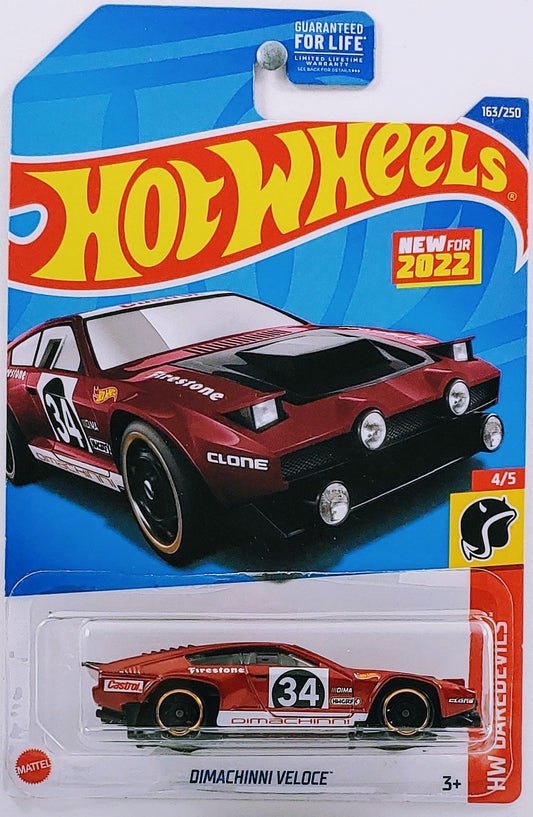 Hot Wheels 2022 - Collector # 163/250 - HW Daredevils 4/5 - New Models - Dimachinni Veloce - Red / #34 - USA