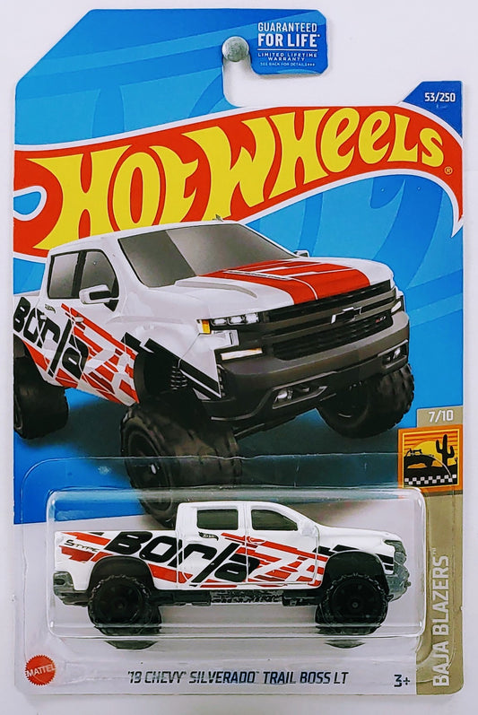 Hot Wheels 2022 - Collector # 053/250 - Baja Blazers 7/10 - '19 Chevy Silverado Trail Boss LT - White / Borla - USA