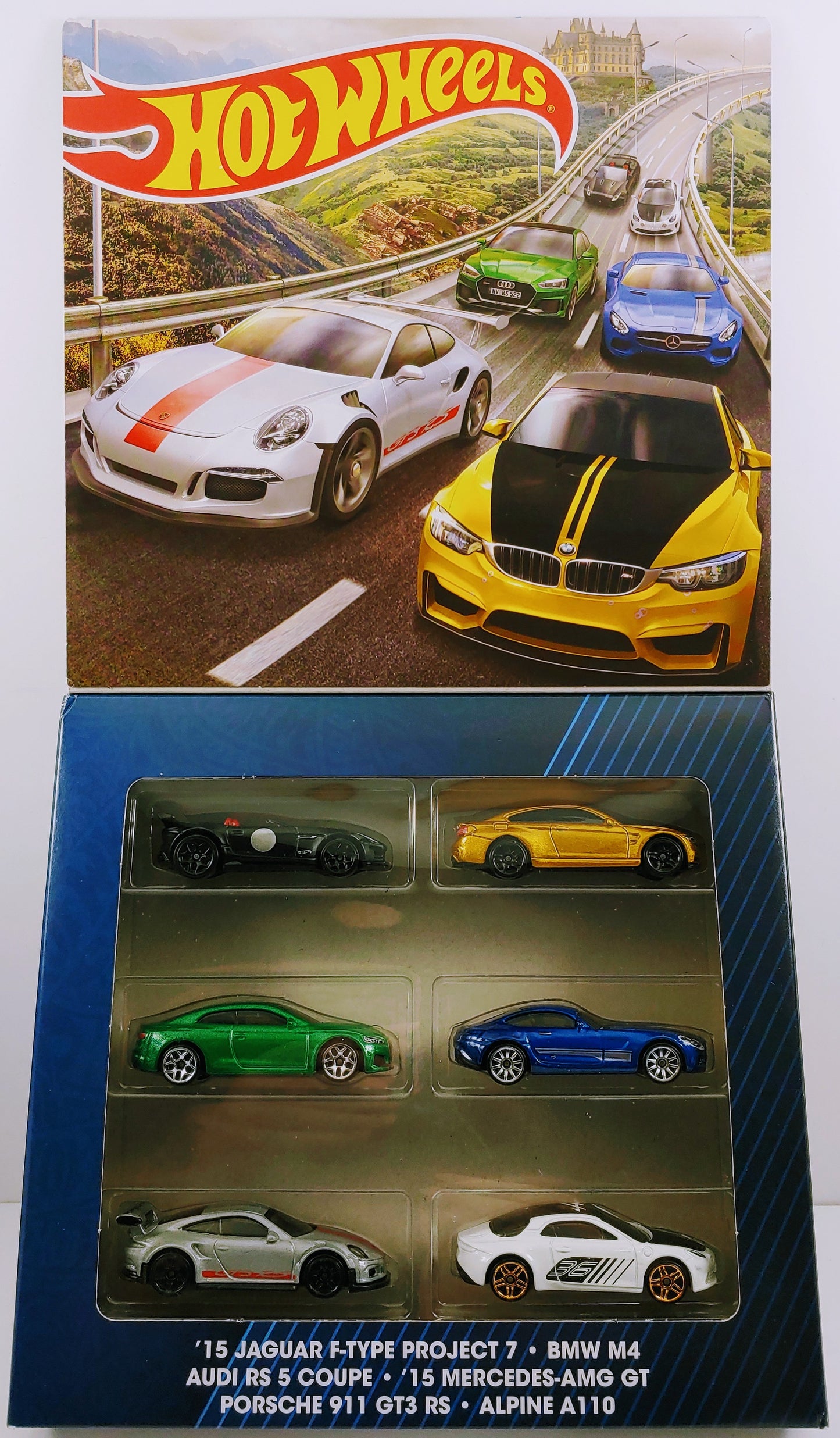 Hot Wheels 2022 - European Luxury Sports Cars - '15 Jaguar F-Type Project 7 - BMW M4 - Audi RS 5 Coupe - '15 Mercedes-AMG GT - Porsche 911 GT3 RS - Alpine A110