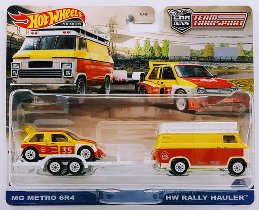 Hot Wheels 2022 - Premium / Car Culture / Team Transport # 47 - MG Metro 6R4 & HW Rally Hauler (Euro Van & Trailer) - Red, Yellow & White / #35 - Metal/Metal & Real Riders