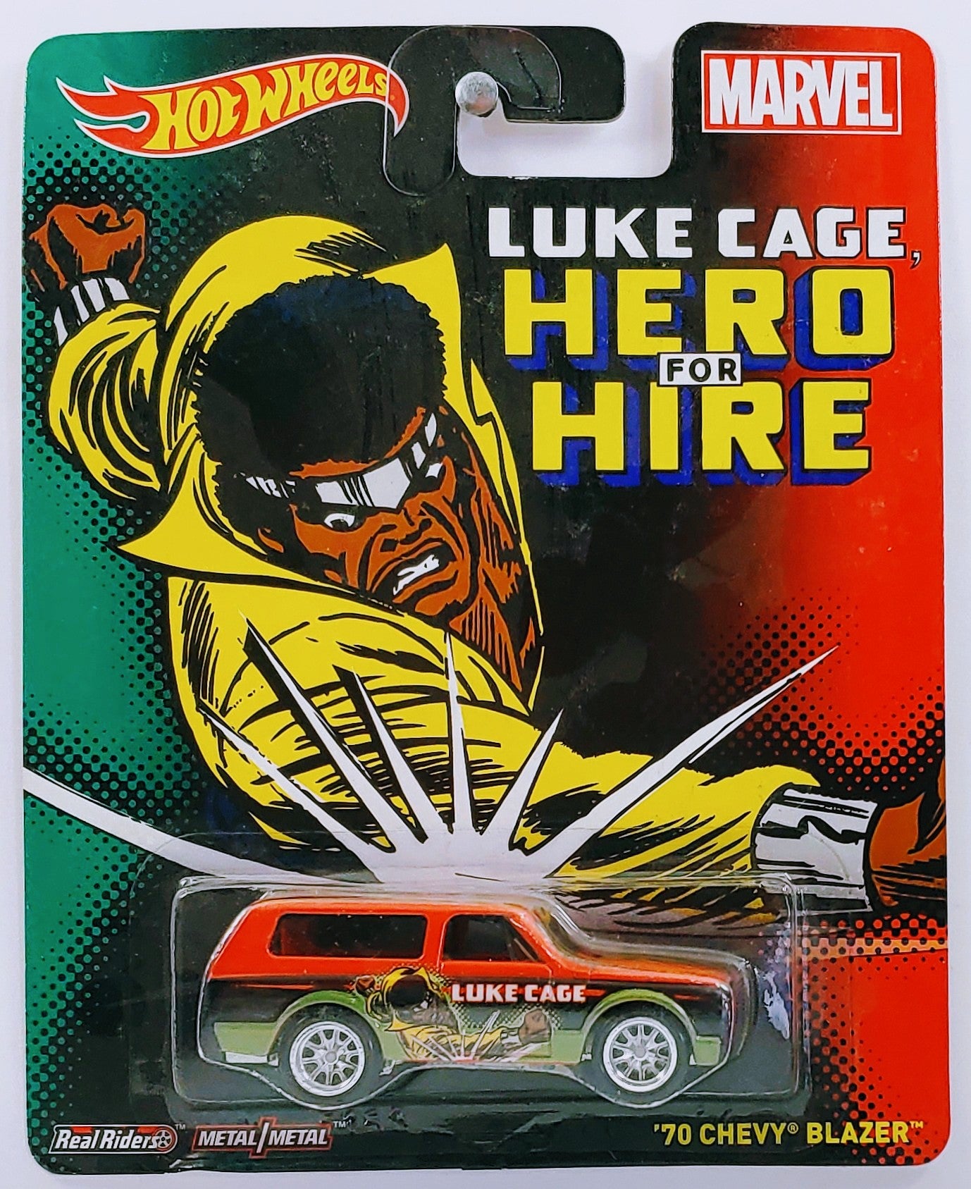 Hot Wheels 2014 - Nostalgia / Pop Culture / Marvel - '70 Chevy Blazer - Red & Black / Luke Cage - Metal/Metal & Real Riders