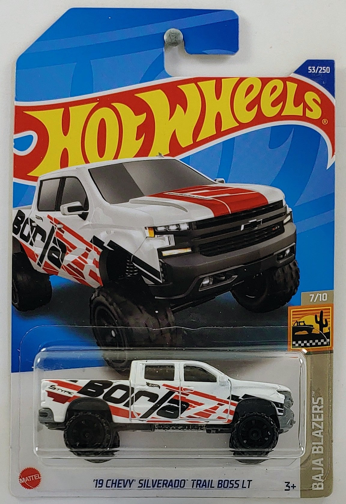 Hot Wheels 2022 - Collector # 053/250 - Baja Blazers 7/10 - '19 Chevy Silverado Trail Boss LT - White / Borla - IC