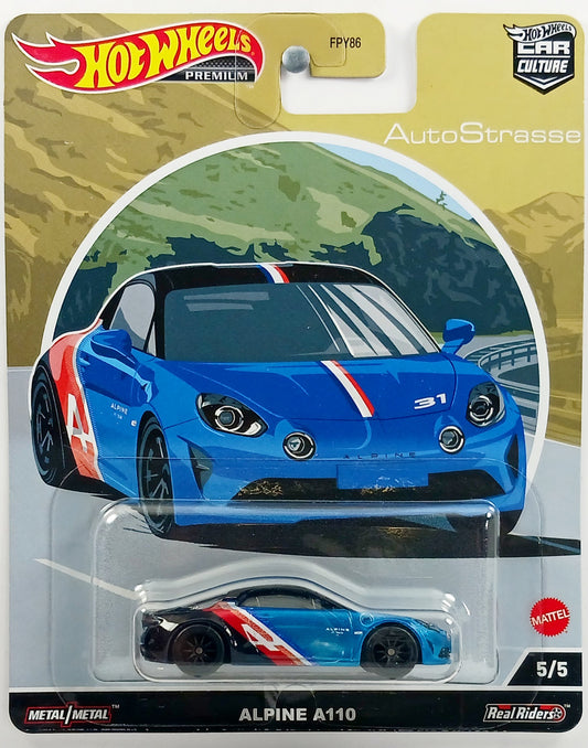 Hot Wheels 2022 - Premium / Car Culture / Auto Strasse 5/5 - Alpine A110 - Black & Blue - Metal/Metal & Real Riders