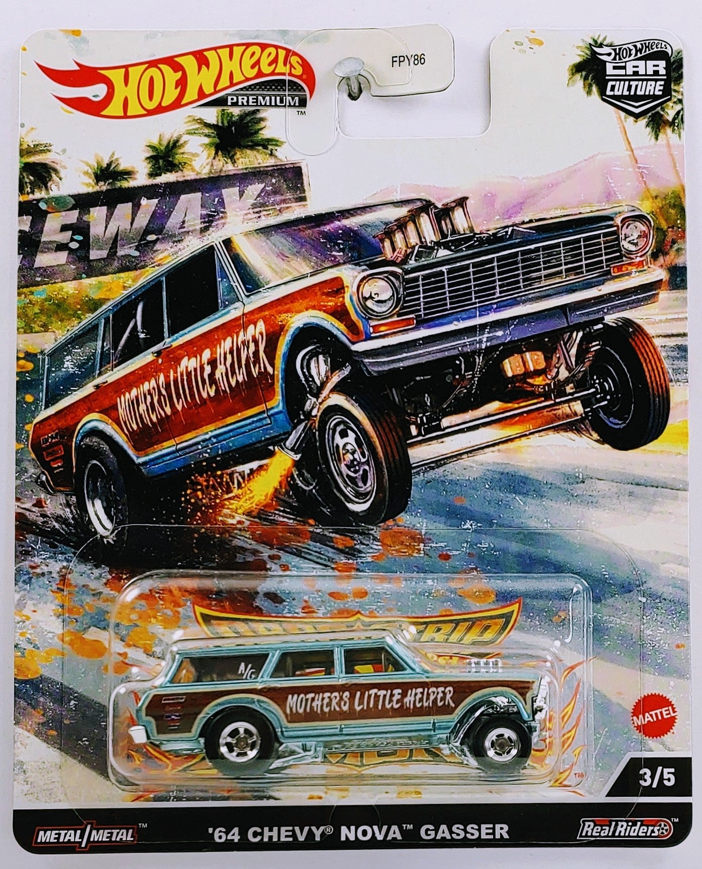 Hot Wheels 2022 - Premium / Car Culture / Drag Strip Demons 3/5 - '64 Chevy Nova Gasser - Blue / Mothers Little Helper - Metal/Metal & Real Riders