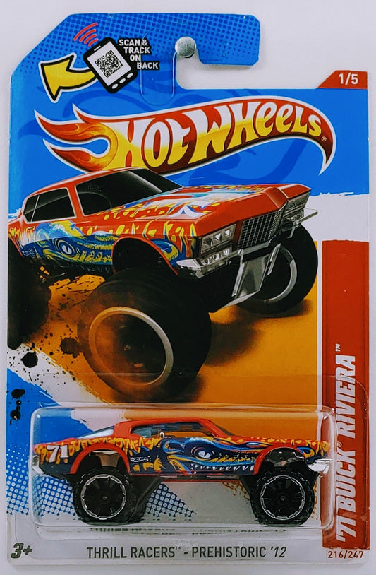 Hot Wheels 2012 - Collector # 216/247 - Thrill Racers / Prehistoric 1/5 - '71 Buick Riviera - Red / Dinosaur - USA