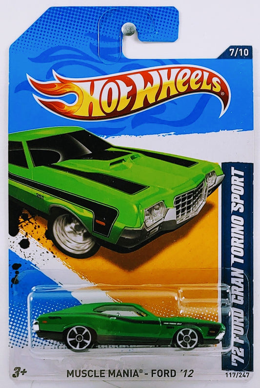 Hot Wheels 2012 - Collector # 117/247 - Muscle Mania / Ford 7/10 - '72 Ford Gran Torino Sport - Green - All White OH5 Wheels - USA Card