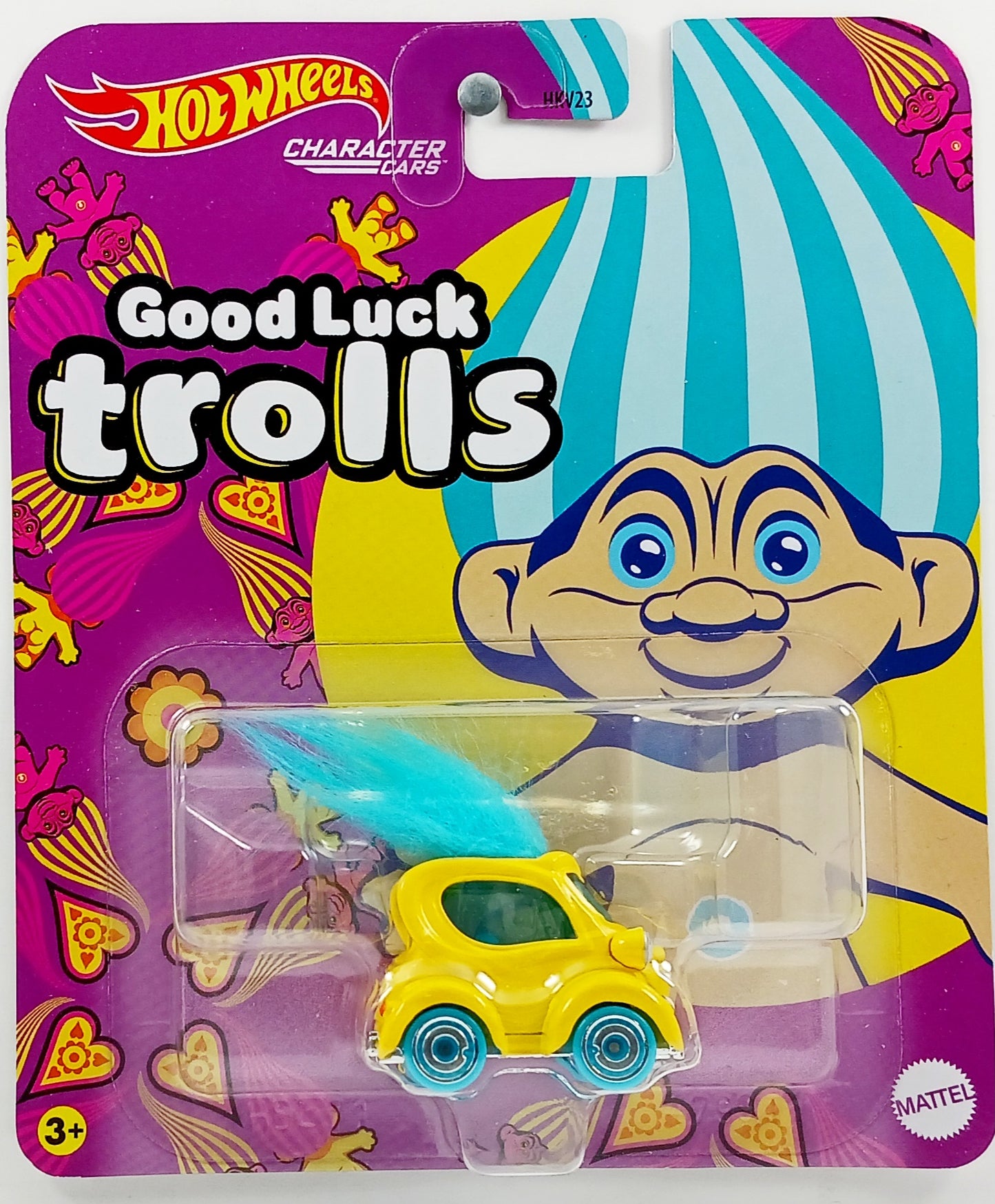 Hot Wheels 2023 - Character Cars / Classic Trolls - Good Luck Trolls - Yellow - Large Thin Blister Card