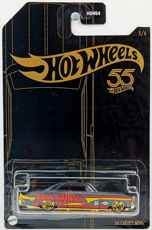 Hot Wheels 2023 - Black and Gold / 55th Anniversary 5/6 - '66 Chevy Nova - Matte Black - Gold 5 Slot Wheels