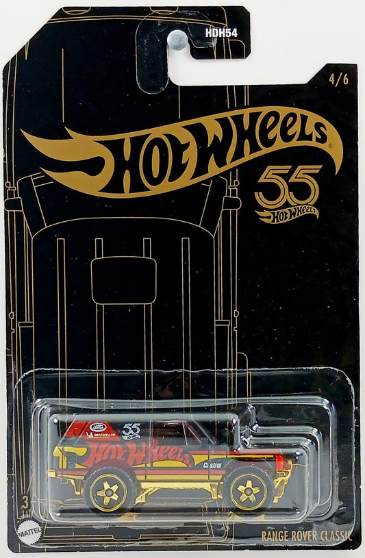 Hot Wheels 2023 - Black and Gold / 55th Anniversary 4/6 - Range Rover Classic - Matte Black - Gold Off-Road 5 Slot Wheels