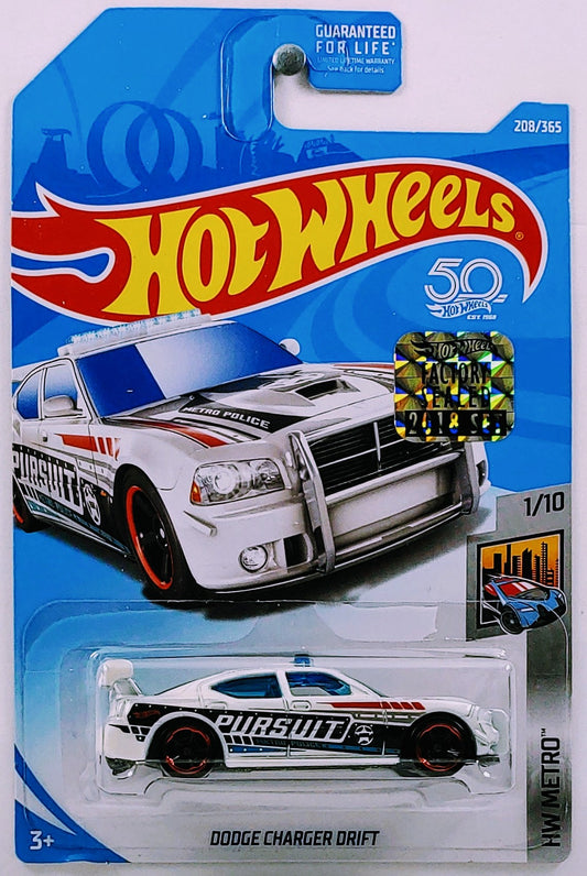 Hot Wheels 2018 - Collector # 208/365 - HW Metro 1/10 - Dodge Charger Drift - White / Pursuit - FSC