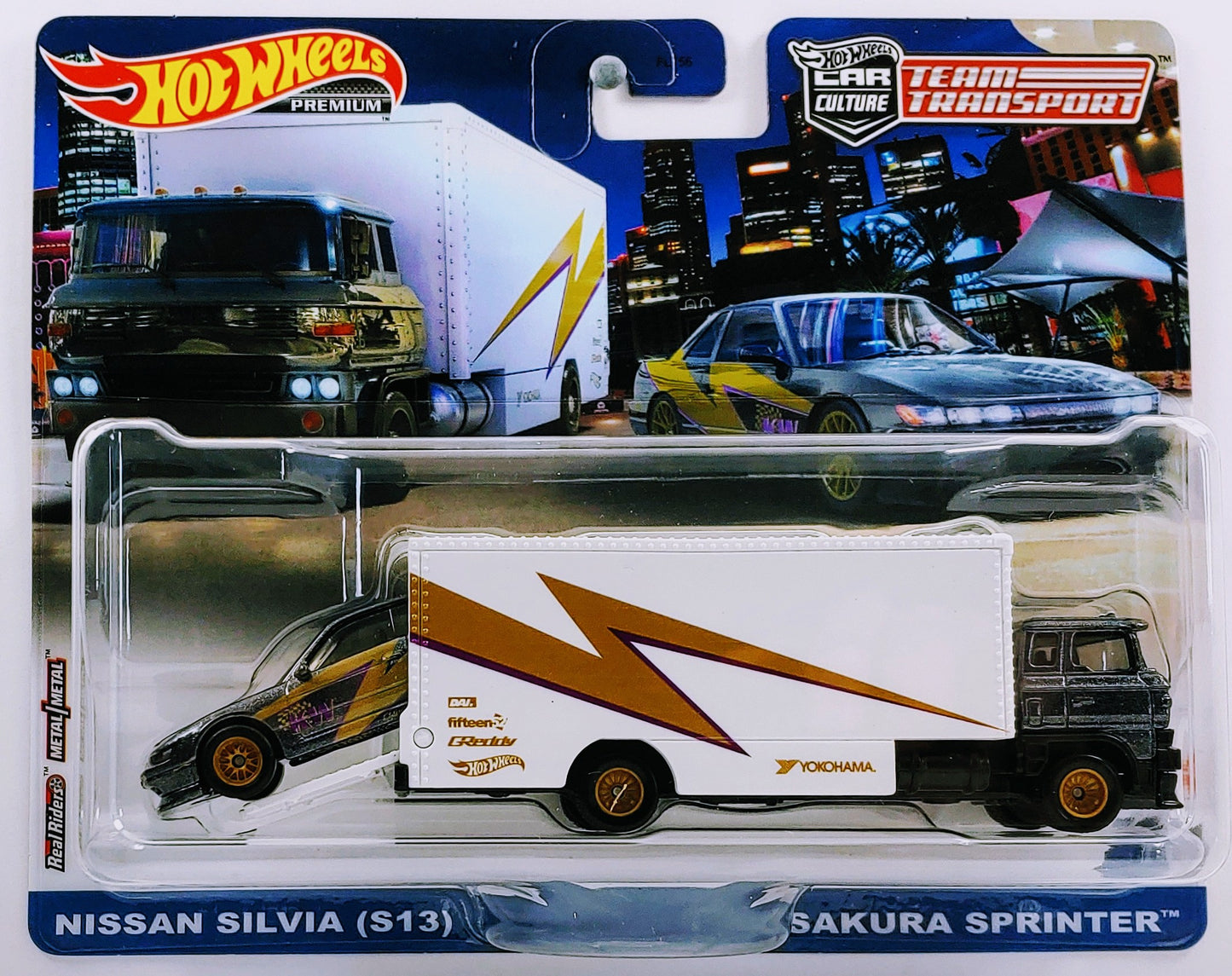 Hot Wheels 2023 - Premium / Car Culture / Team Transport # 52 - Nissan Silvia (S13) & Sakura Sprinter - Dark Gray with Gold Accents - Metal/Metal & Real Riders