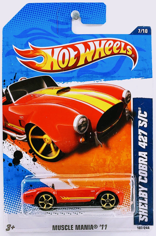 Hot Wheels 2011 - Collector # 107/244 - Muscle Mania 7/10 - Shelby Cobra 427 S/C - Red - MC5 Wheels - Opening Hood - USA Card