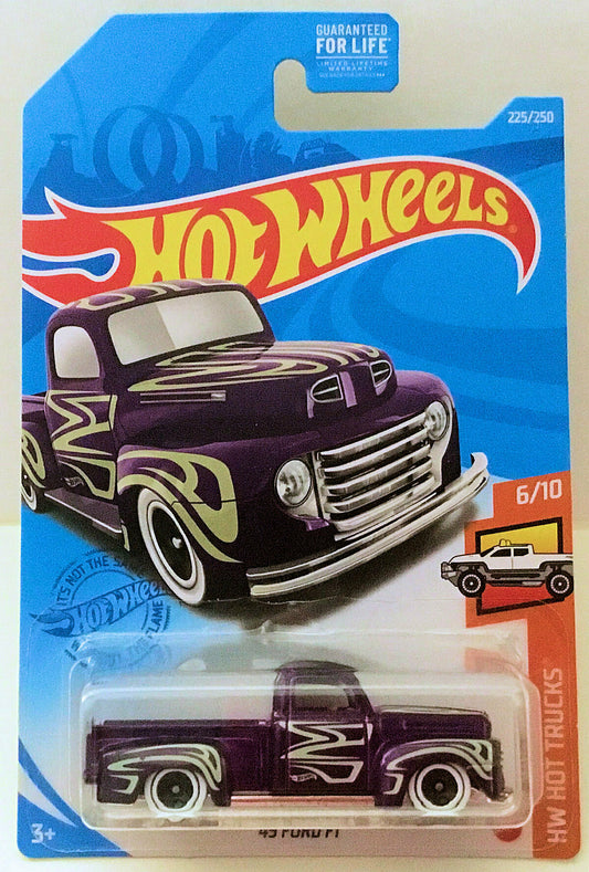 Hot Wheels 2021 - Collector # 225/250 - HW Hot Trucks 6/10 - '49 Ford F1 - Purple - Black 5SP Wheels - Clear Windows - White Interior - Chrome Plastic Base - USA Card